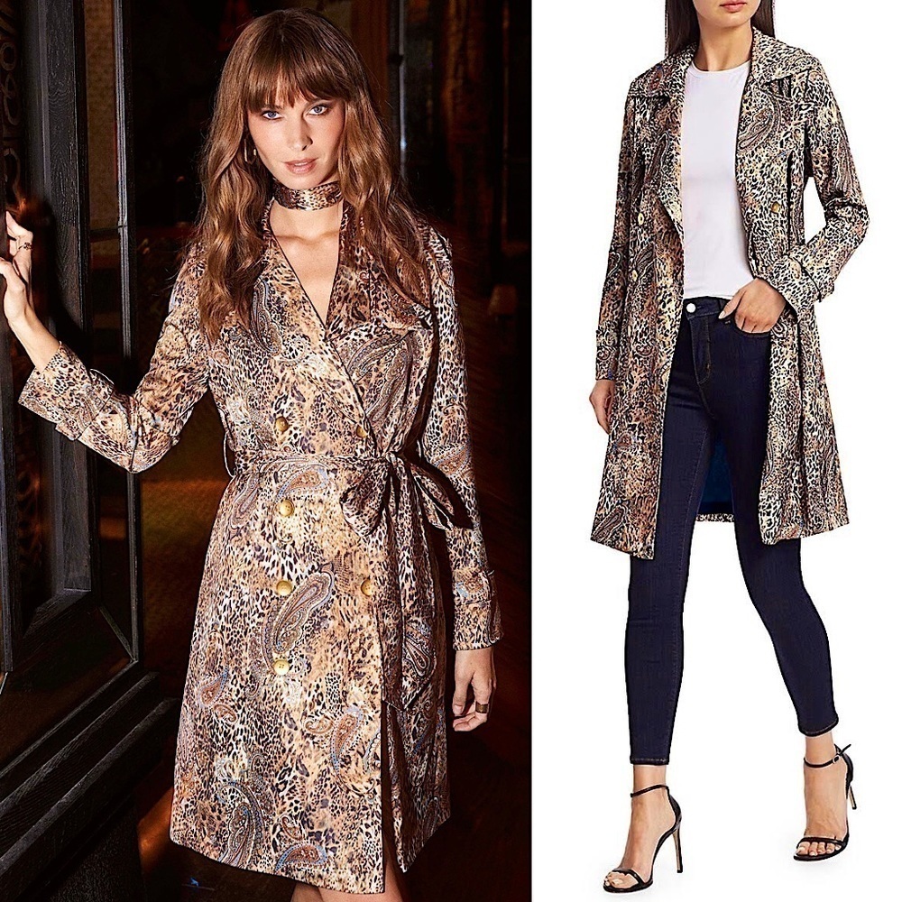 NWT L’AGENCE Leopard Paisley Satin‎ Double Breasted Belted Trench Coat Dress S
